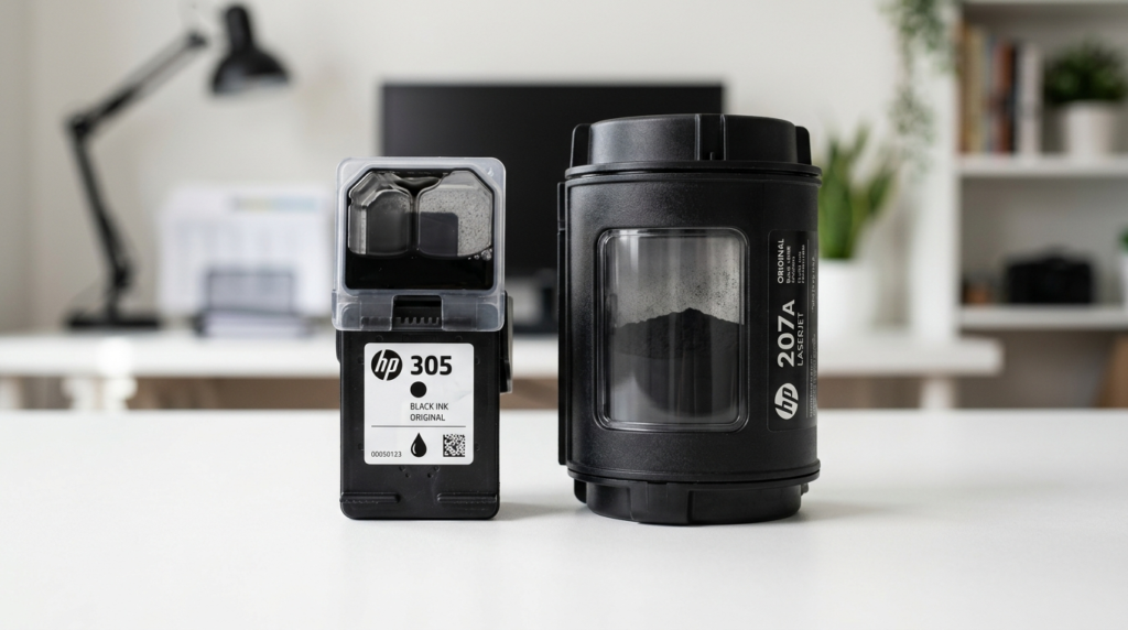 Close-up product photography of HP ink cartridge and toner c
