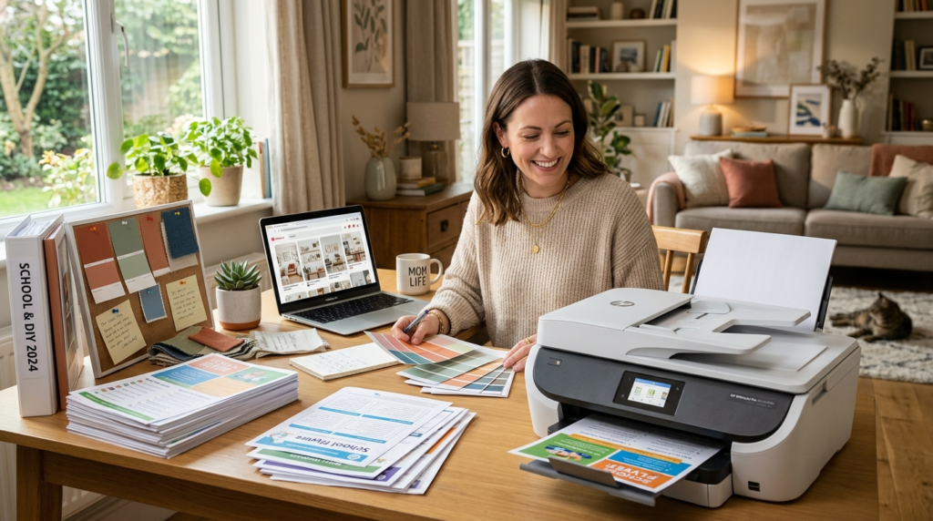 Warm domestic scene of woman at home desk printing school do
