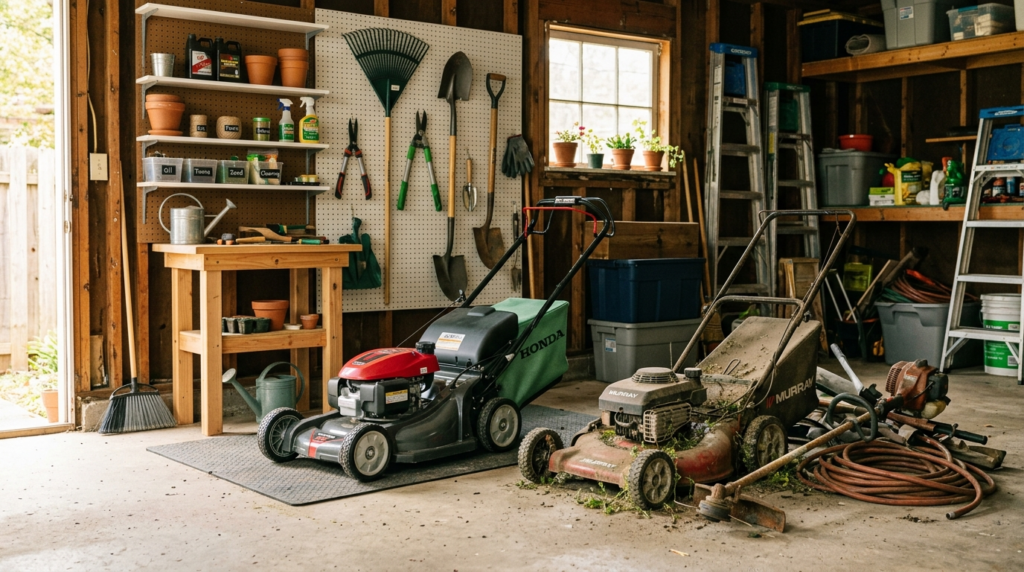 Photorealistic image of a well-maintained lawn mower stored