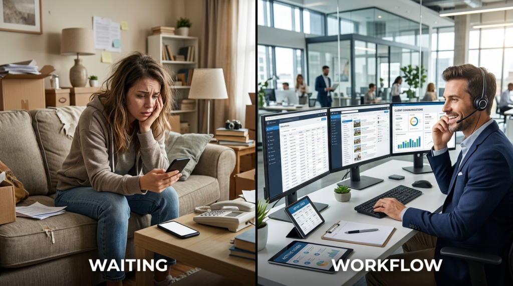 Split screen comparison: left side shows frustrated homebuye