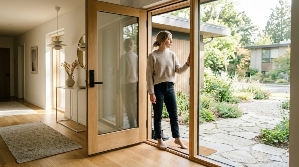 Photorealistic image of an open front door of a modern home