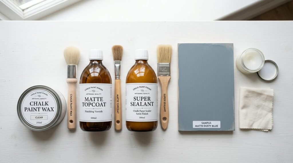 Flat lay of premium chalk paint finishing products arranged 