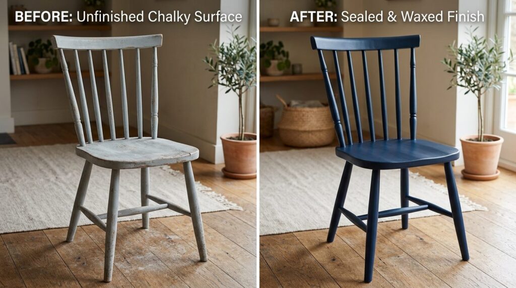 Before and after split-screen comparison of chalk painted wo