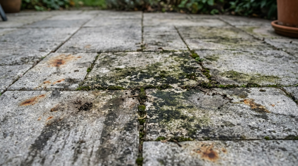 Close-up detailed photograph of dirty grey outdoor terrace t