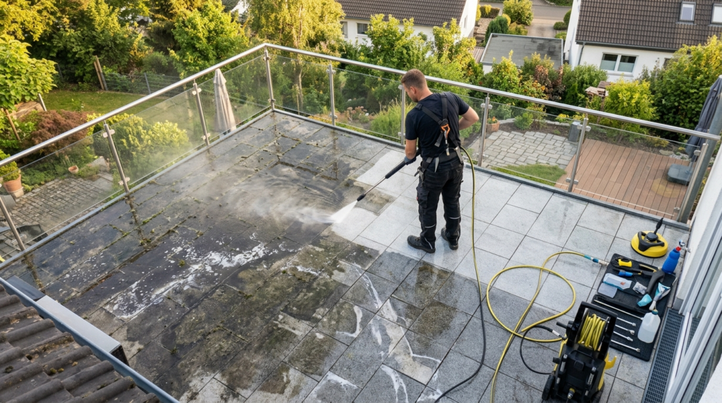 Overhead view of a professional pressure washing service in