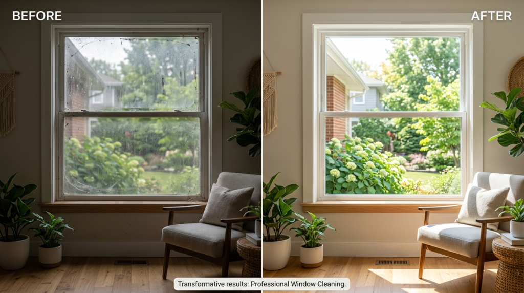 Photorealistic before-after split composition, 16:9 aspect r