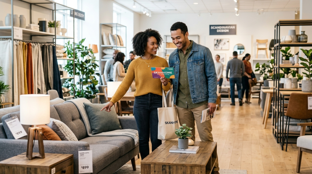 Stock photo of diverse couple shopping together in modern ho