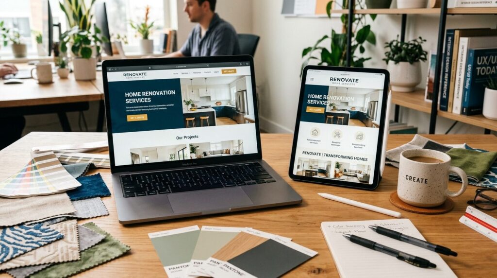 Close-up of a designers workspace with tablet and laptop sh
