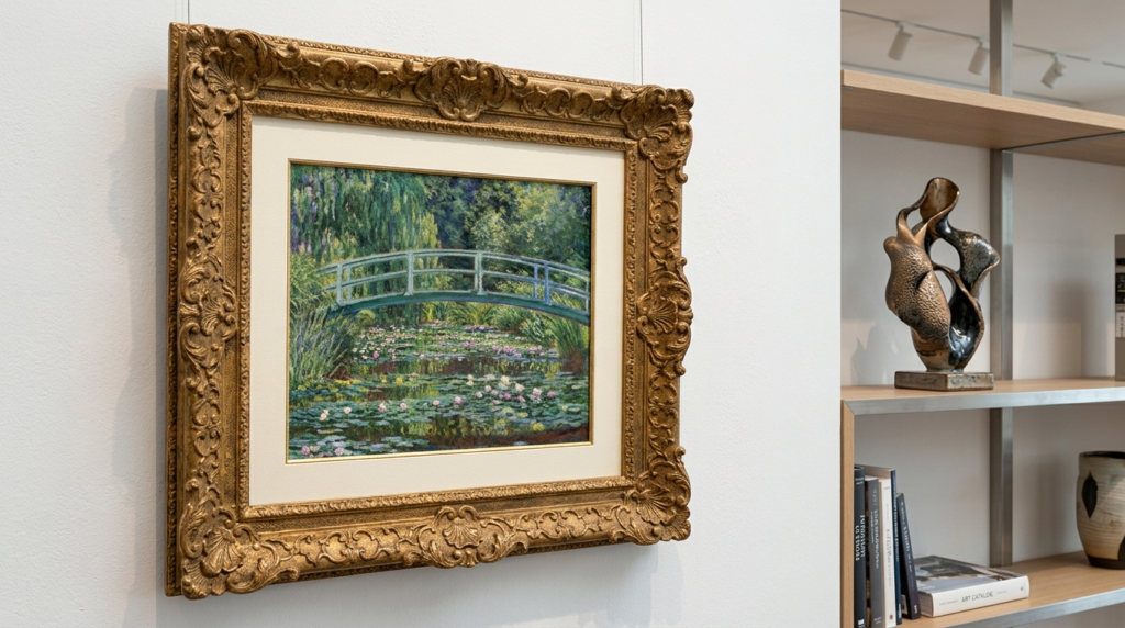 Close-up detail of a framed Monet Japanese Bridge print on a