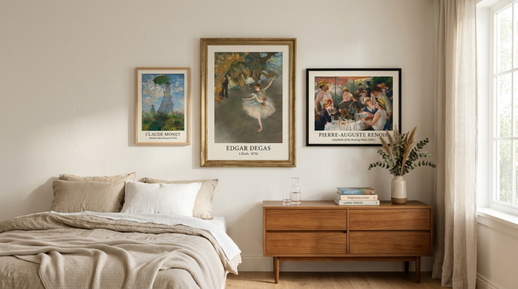 A thoughtfully curated bedroom wall with three different Imp