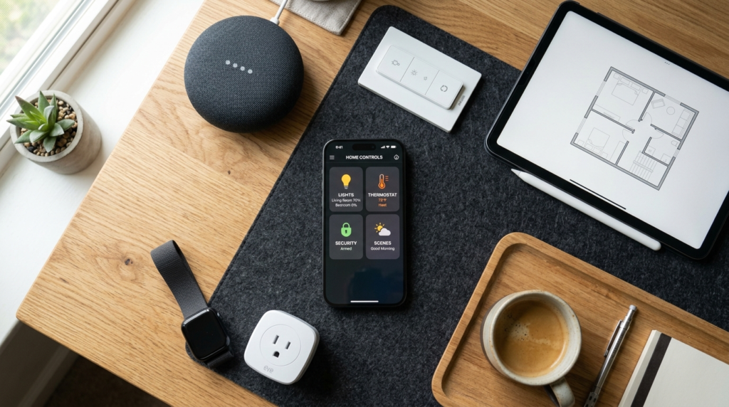 Overhead flat lay photograph of a modern home desk setup sho
