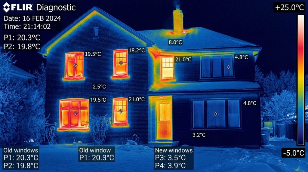 Thermal imaging perspective of residential home exterior dur