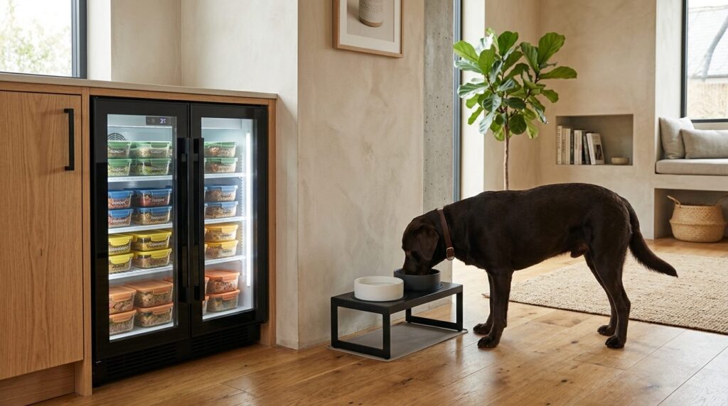 Contemporary pet feeding corner in a designer home featuring