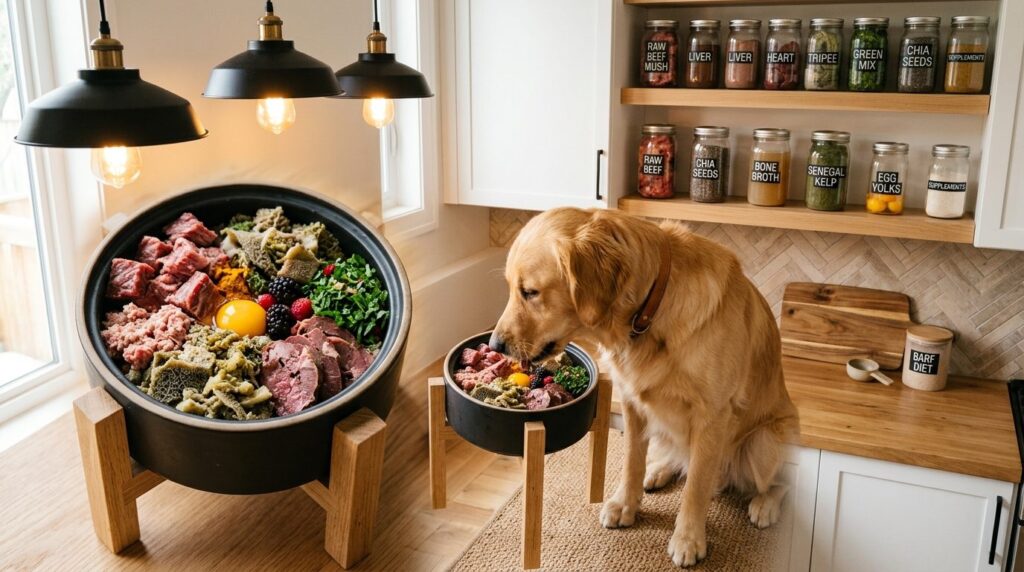 Stylish modern home kitchen scene showing a healthy dog eati