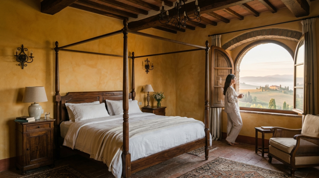 Luxurious Tuscan villa bedroom with ochre terracotta walls, 