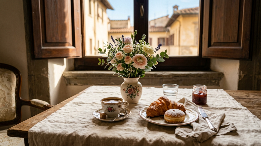 Close-up of an elegant Italian breakfast table in a Florence