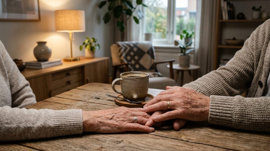 Close-up of two senior hands touching on a wooden table with