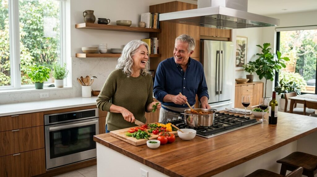 Mature couple in their 60s cooking together in a modern, lig