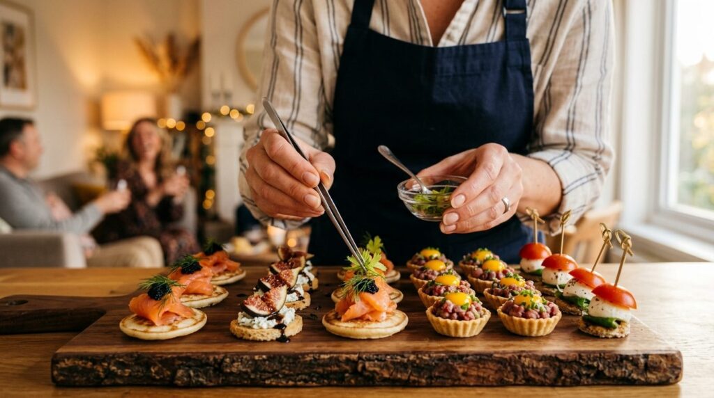 Close-up of a professional caterers hands arranging gourmet