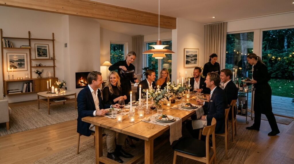 Wide shot of an intimate dinner party in progress at a beaut