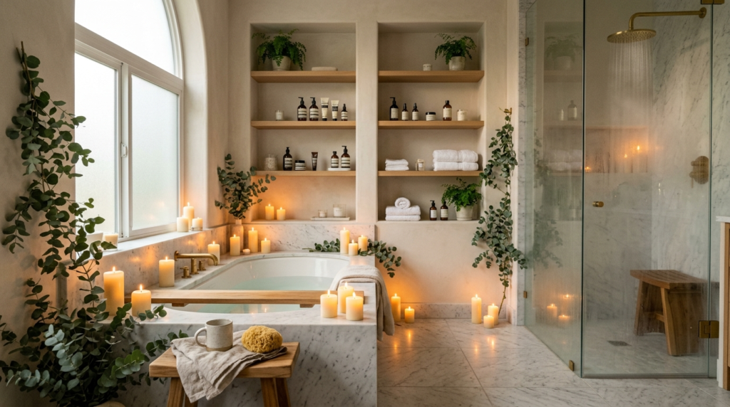 Luxurious home wellness bathroom with heated marble flooring