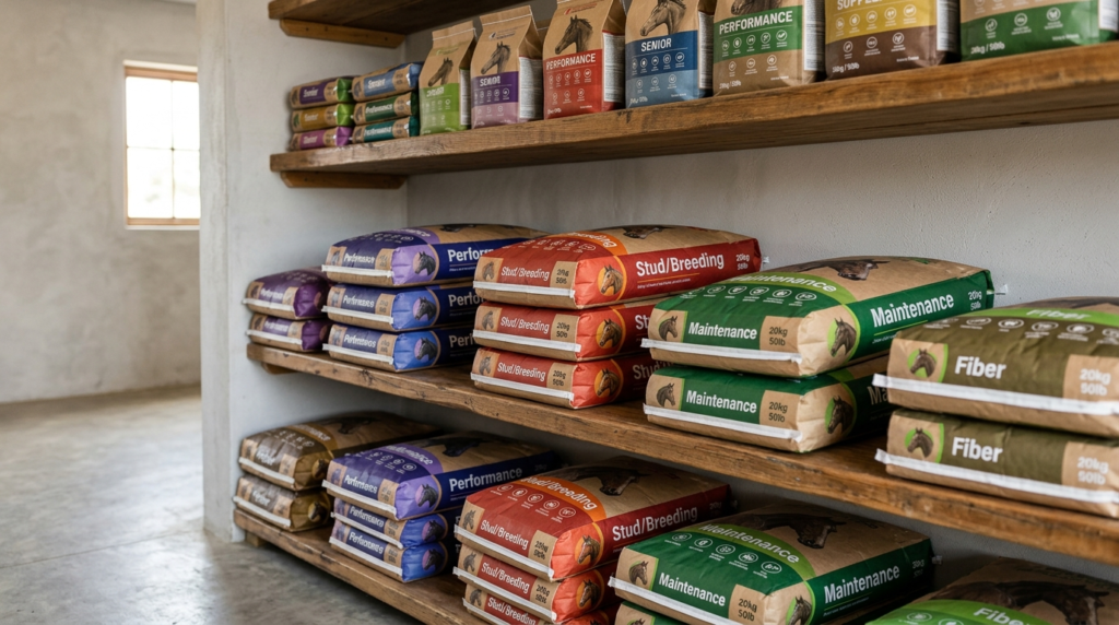Close-up photograph of premium horse feed bags organized on 