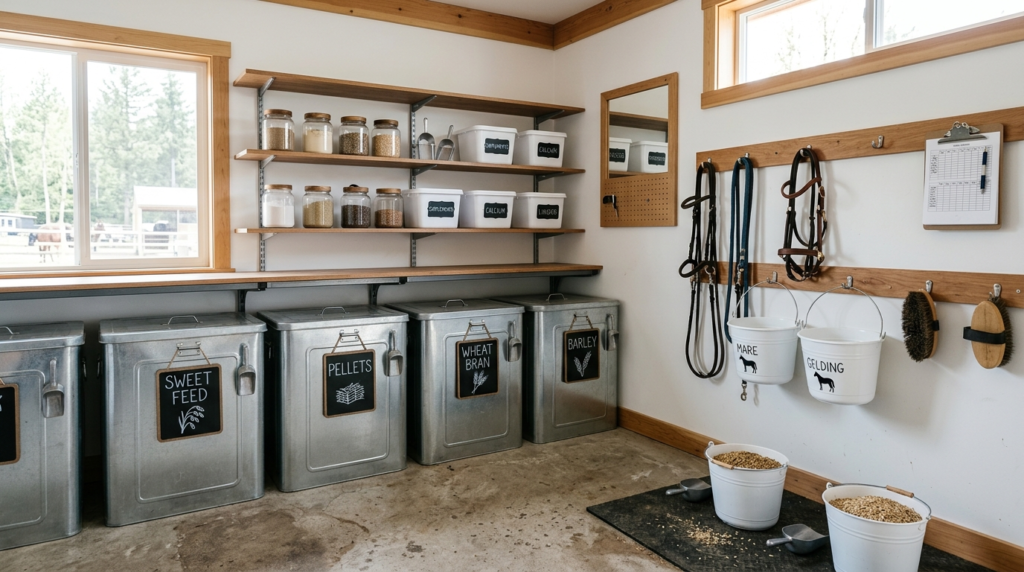 Interior shot of a functional horse feed room featuring labe