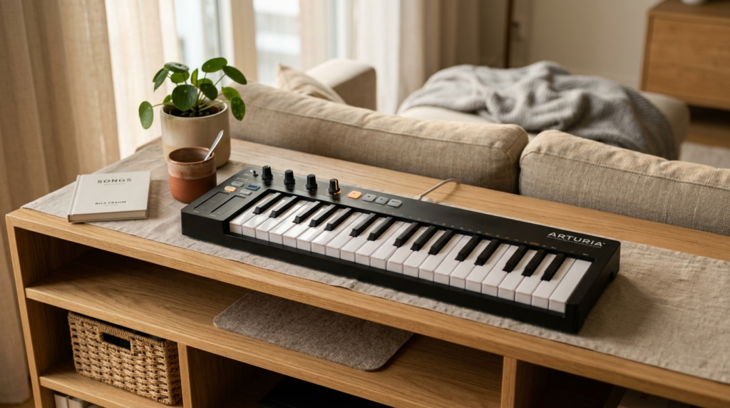 Close-up detail shot of a modern compact keyboard instrument