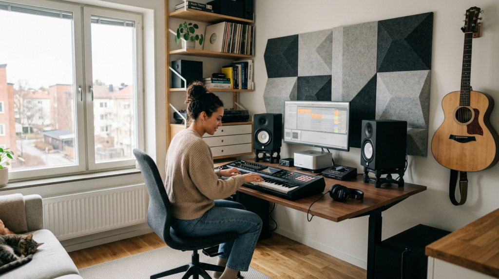 Contemporary home musician workspace in a small apartment 20