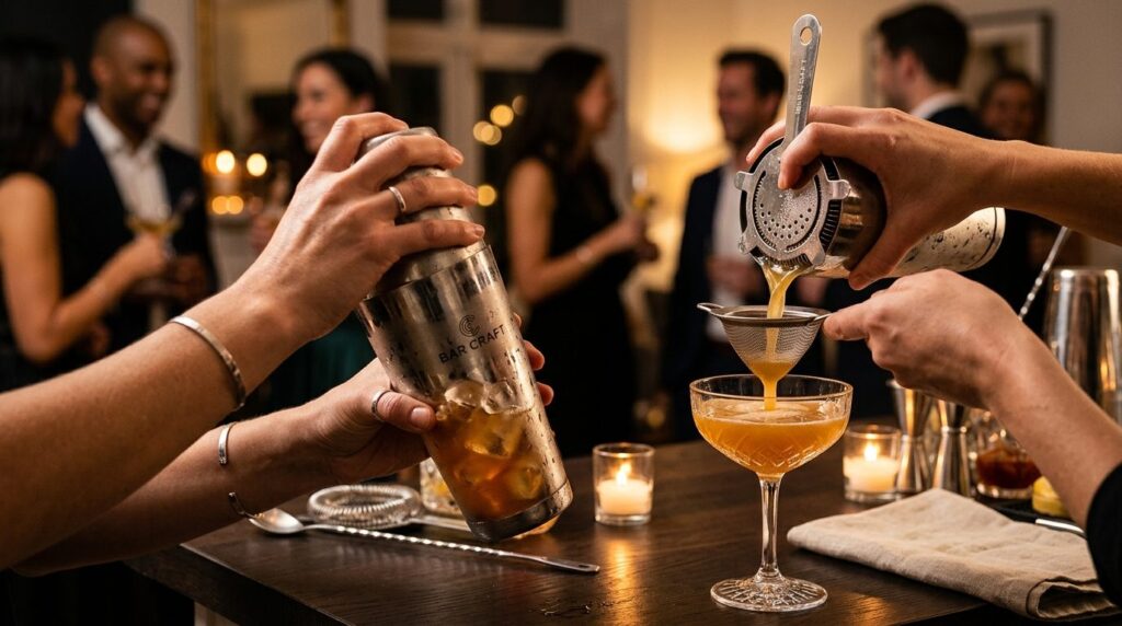 Close-up of skilled bartenders hands mixology craft, shakin