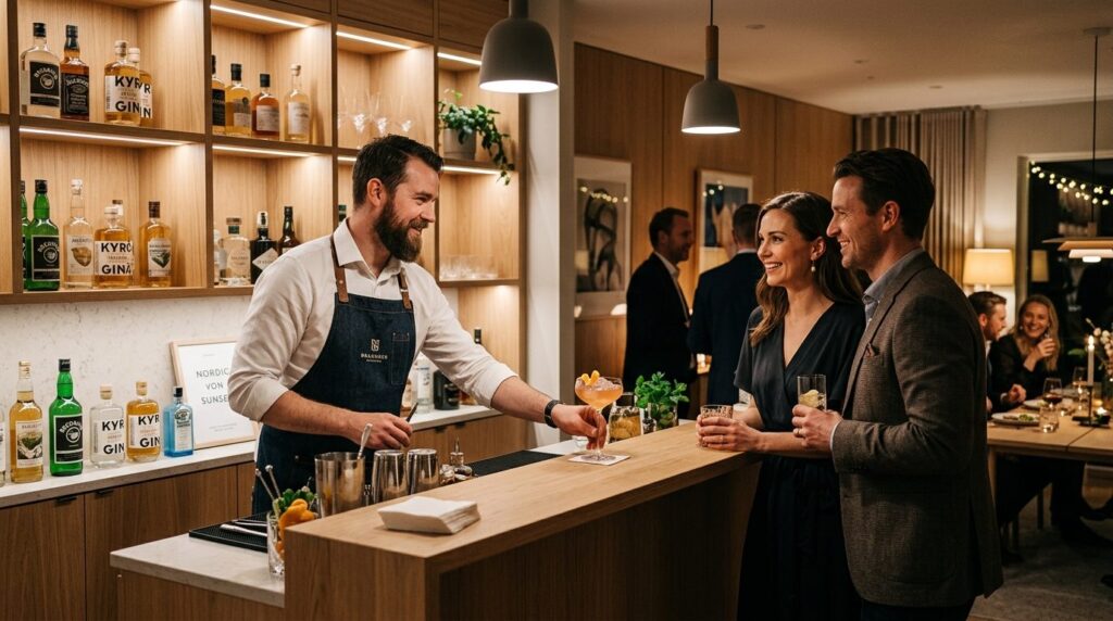 Scandinavian modern home bar setting with professional barte