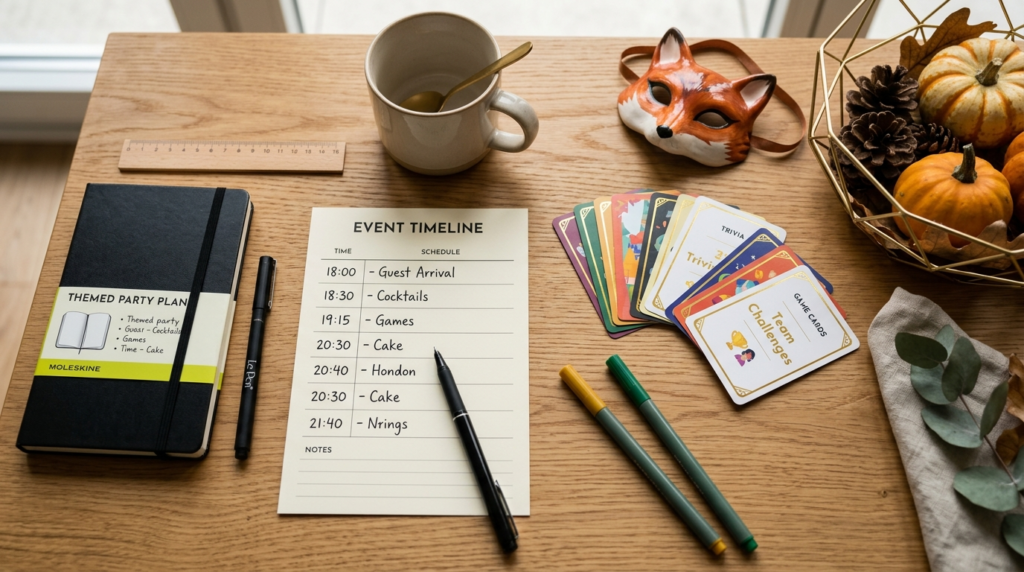 Close-up flat lay of themed party planning elements on a woo