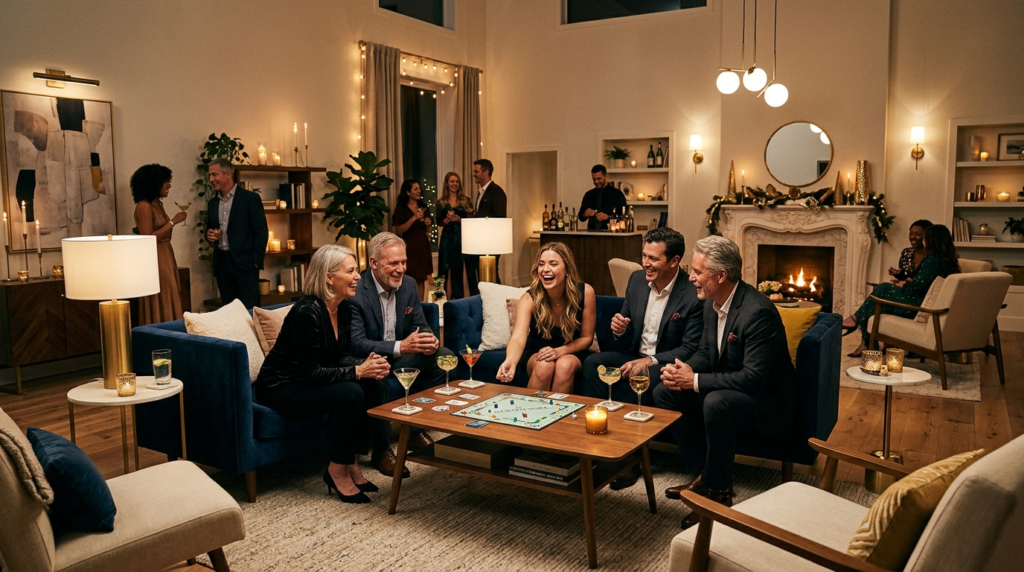 Wide shot of an elegantly decorated home interior with guest