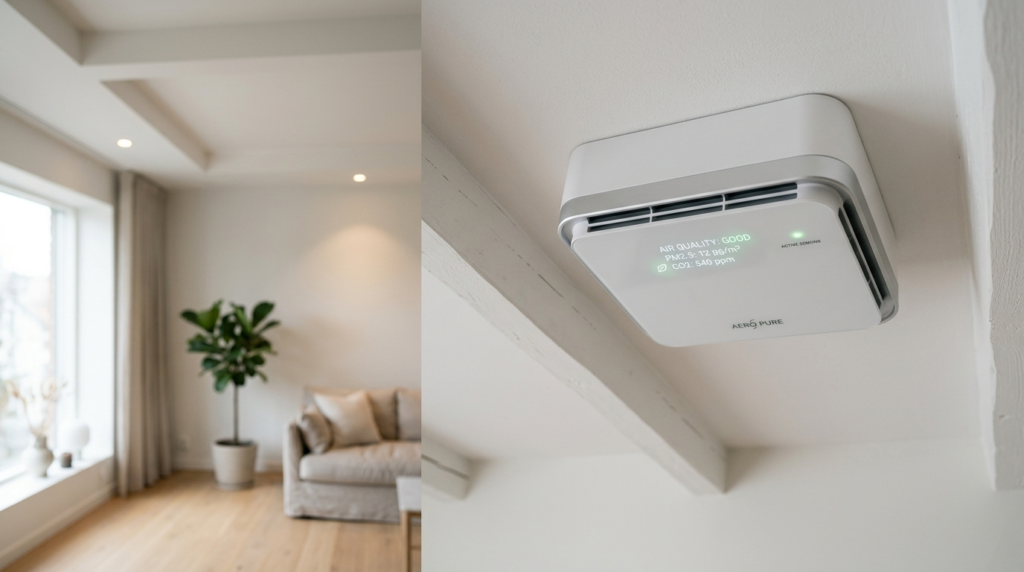 Close-up of modern mechanical ventilation unit with air qual