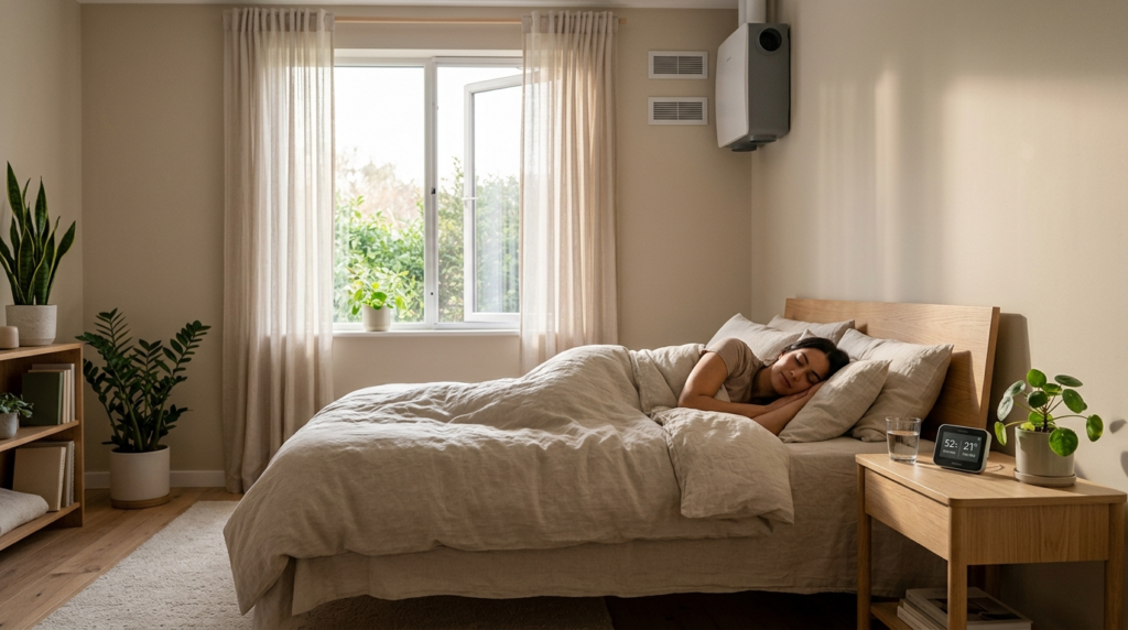 Healthy home environment scene showing comfortable bedroom w