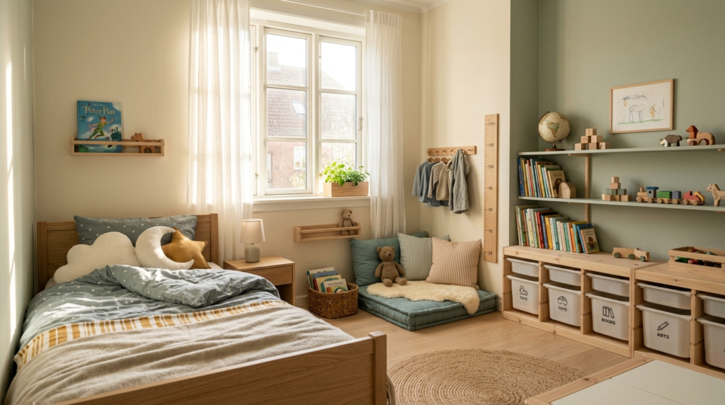 Minimalist Danish bedroom for a child with soft pastel walls