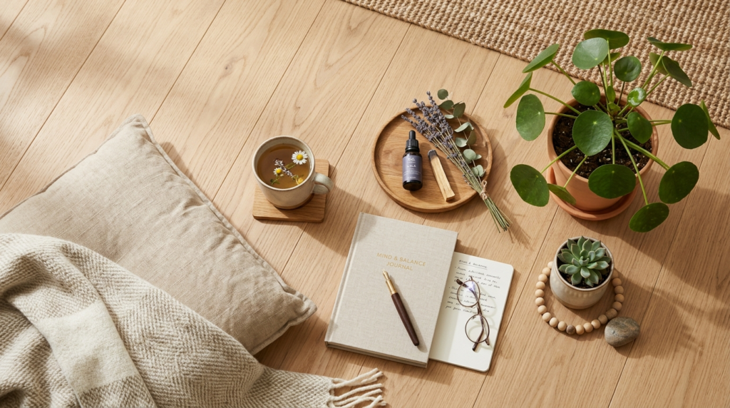 Overhead flat-lay composition of a family wellness corner in