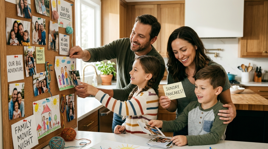 Close-up of a family creating a shared memory board or visio