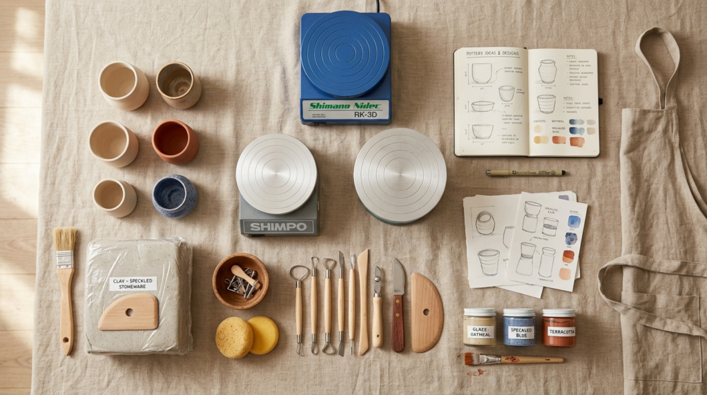 Overhead flat-lay composition showcasing ceramic pottery equ