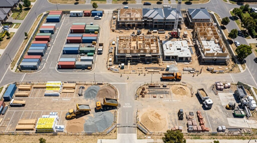 Close-up overhead view of construction logistics planning, s