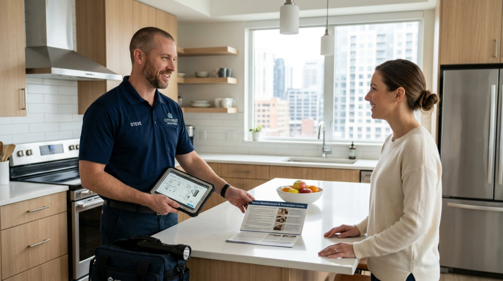 Professional pest control technician in uniform consulting w