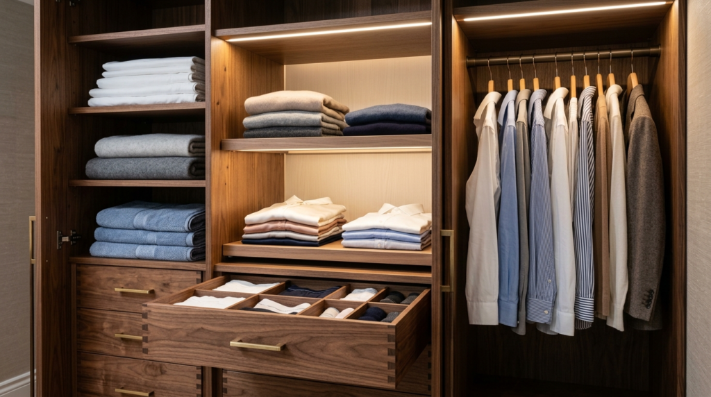 Close-up detail shot of a bespoke wooden wardrobe interior w