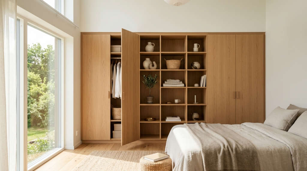 Bright minimalist living space with floor-to-ceiling custom 