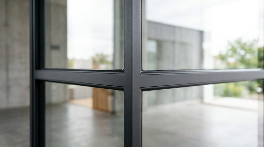 Close-up detail shot of premium fixed frame window corner jo