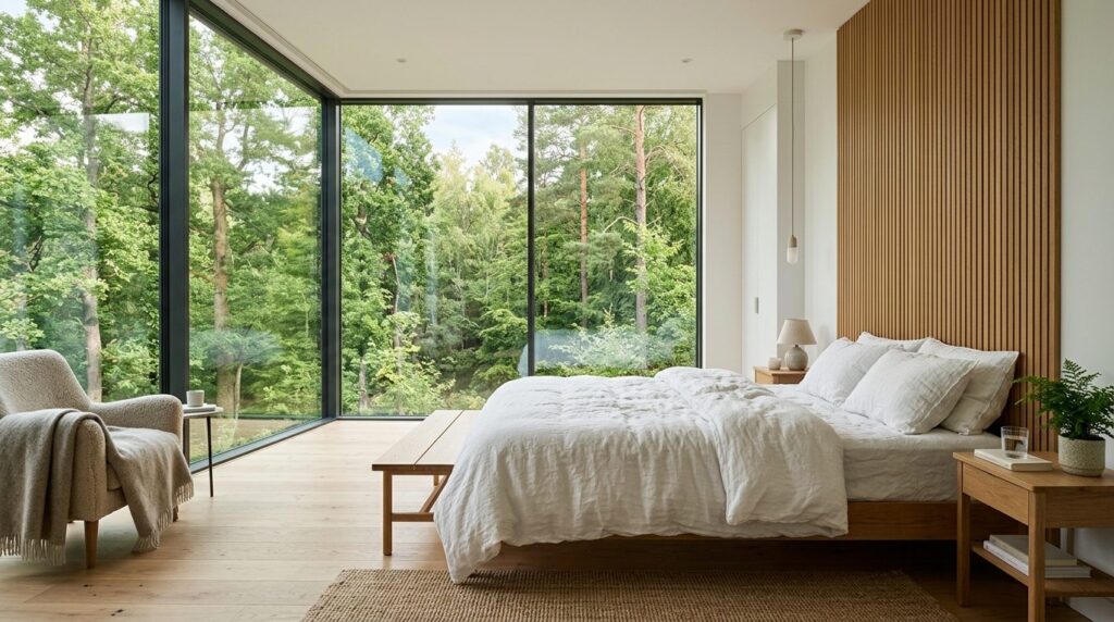 Contemporary bedroom with expansive fixed frame windows show