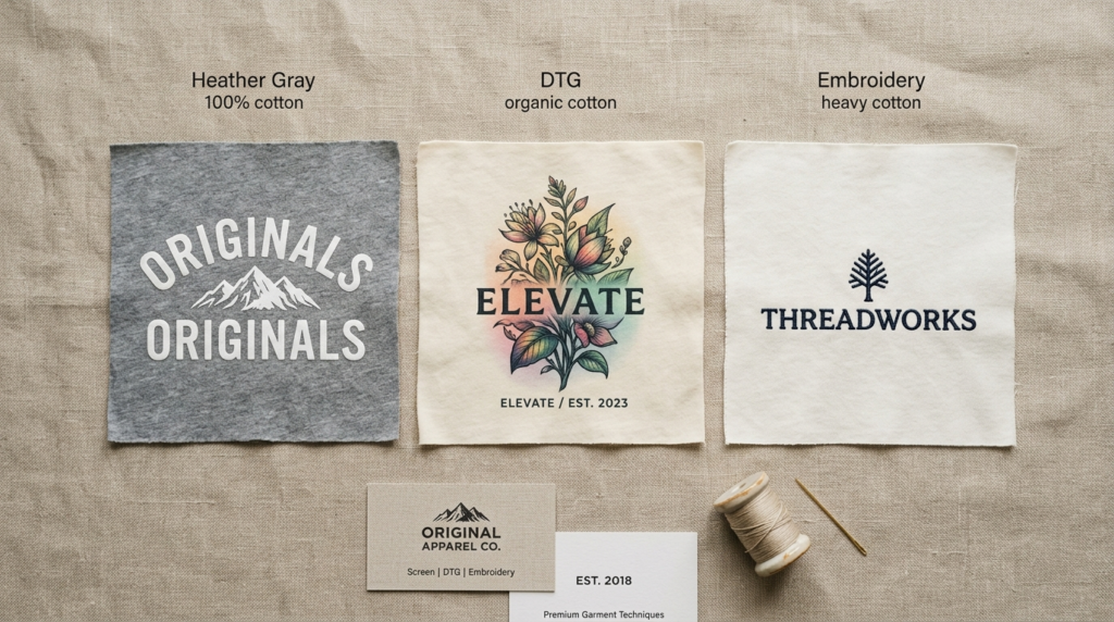 Close-up flat lay of different t-shirt print samples display