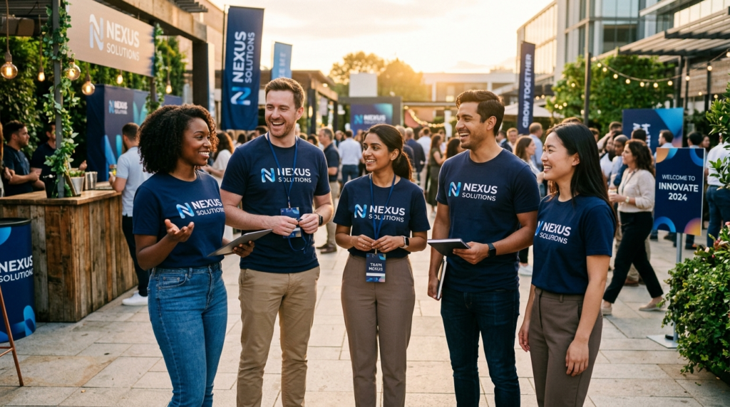 Team of professionals wearing matching branded t-shirts at a