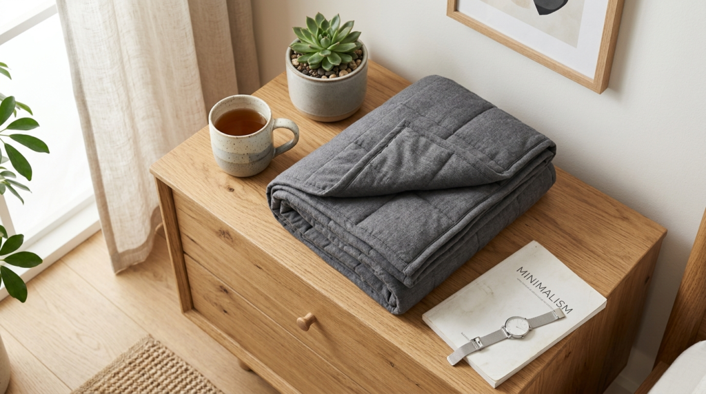 Flat lay product photography of a folded weighted blanket in