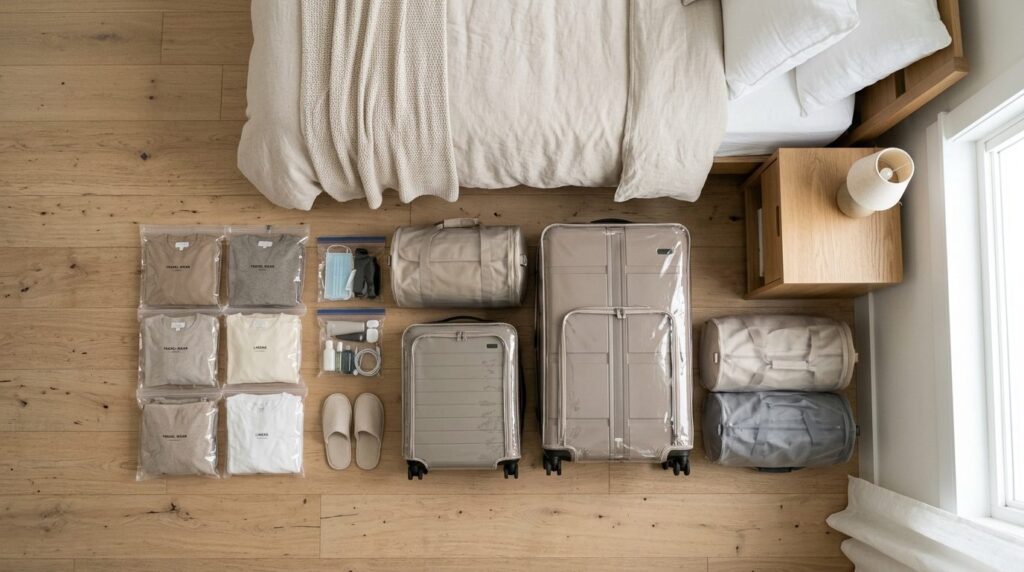 Overhead view of organized luggage and travel bags arranged 